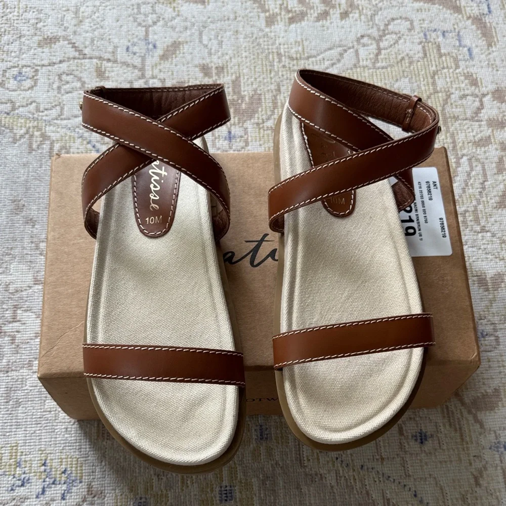Anthropologie Tan Leather Ankle-Strap Flat Sandals - Picture 2 of 9